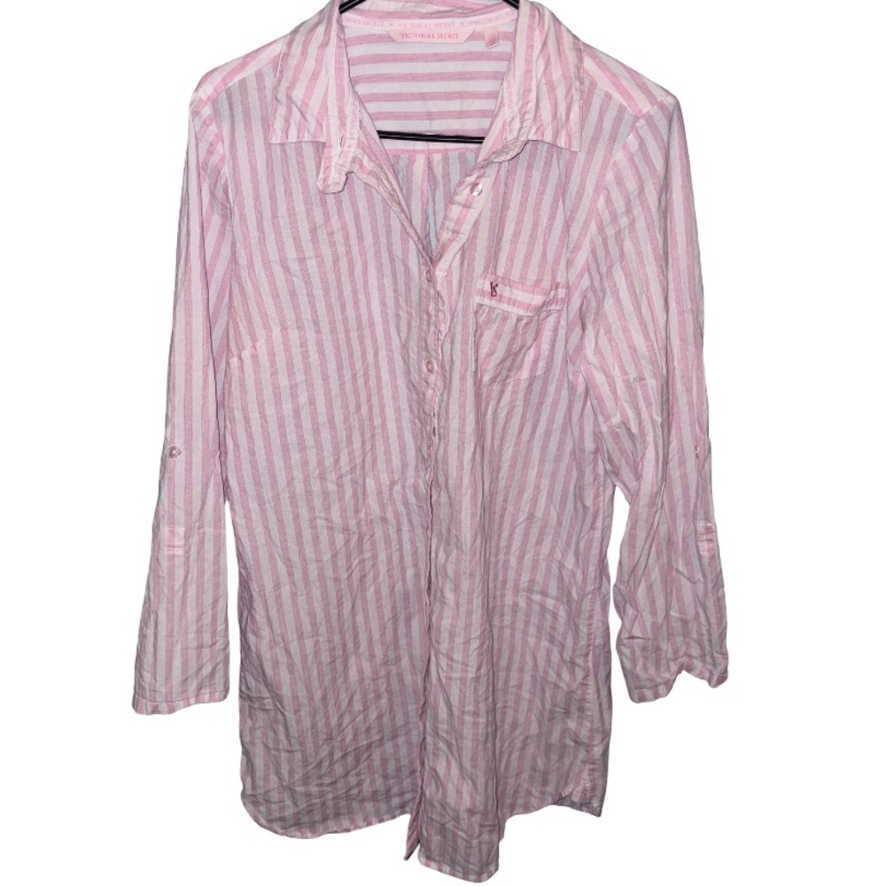 Y2K Victoria’s Secret Angels Pink Striped Button-Up Sleep Shirt Nightgown